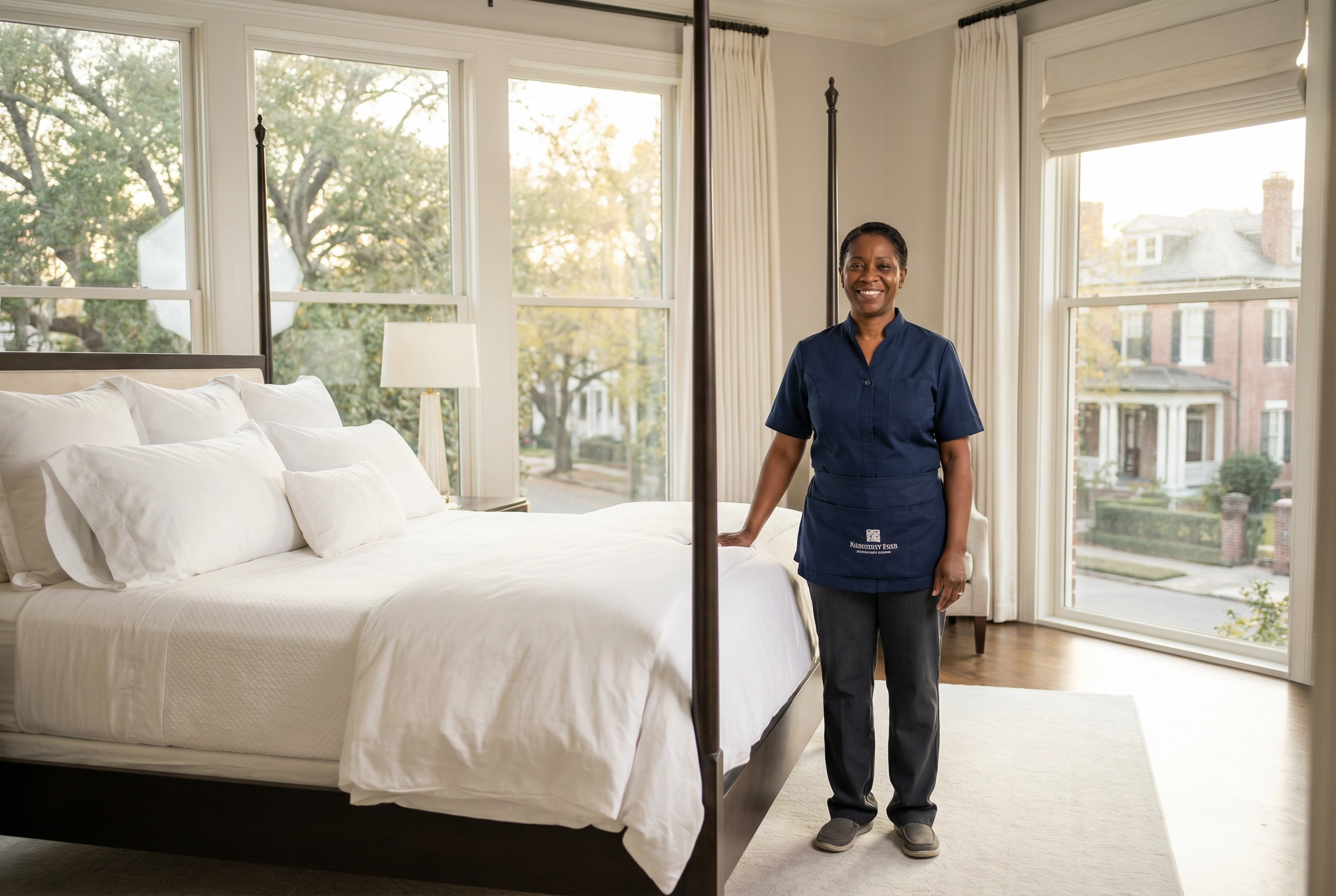 Professional housekeeper standing in a beautifully cleaned luxury bedroom